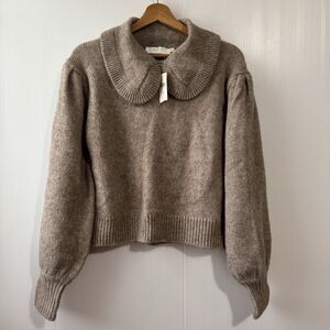NEW ASTR THE LABEL M Sweater ANTHROPOLOGIE Taupe Peter Pan Collar Puff Sleeves